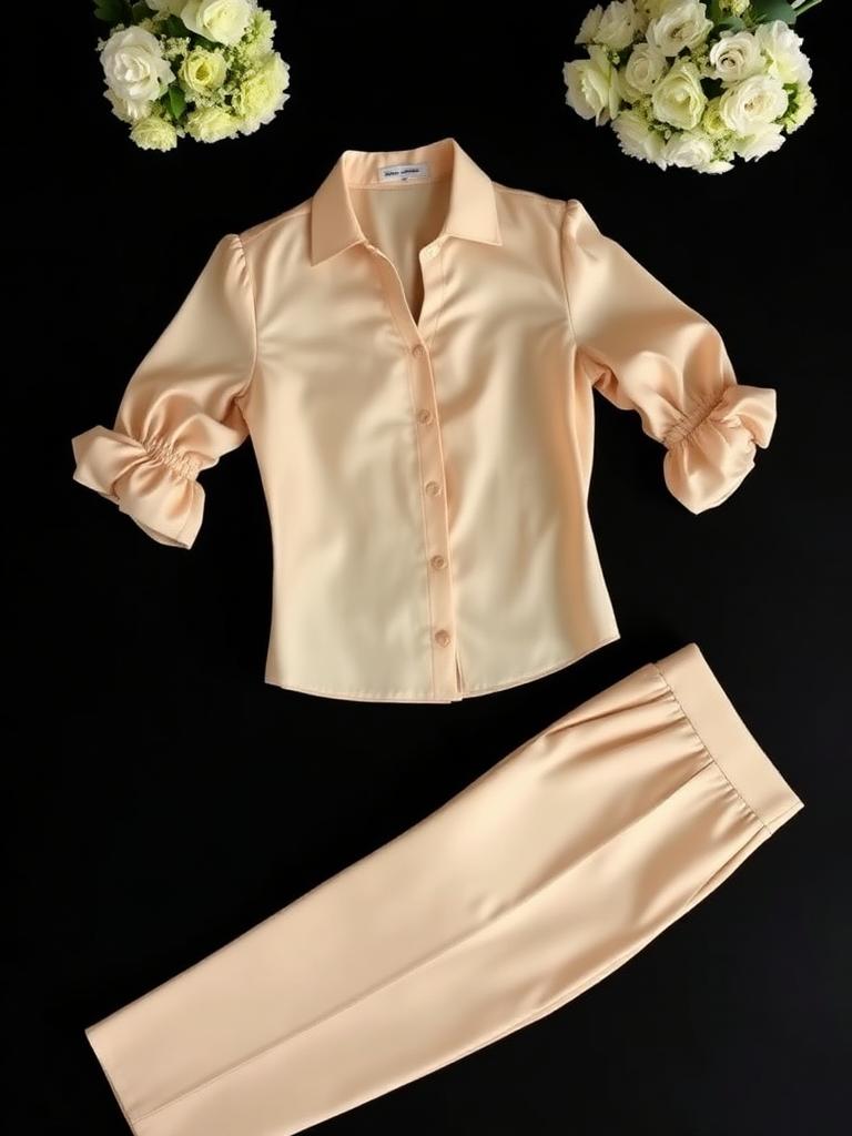Beige satin blouse and trousers