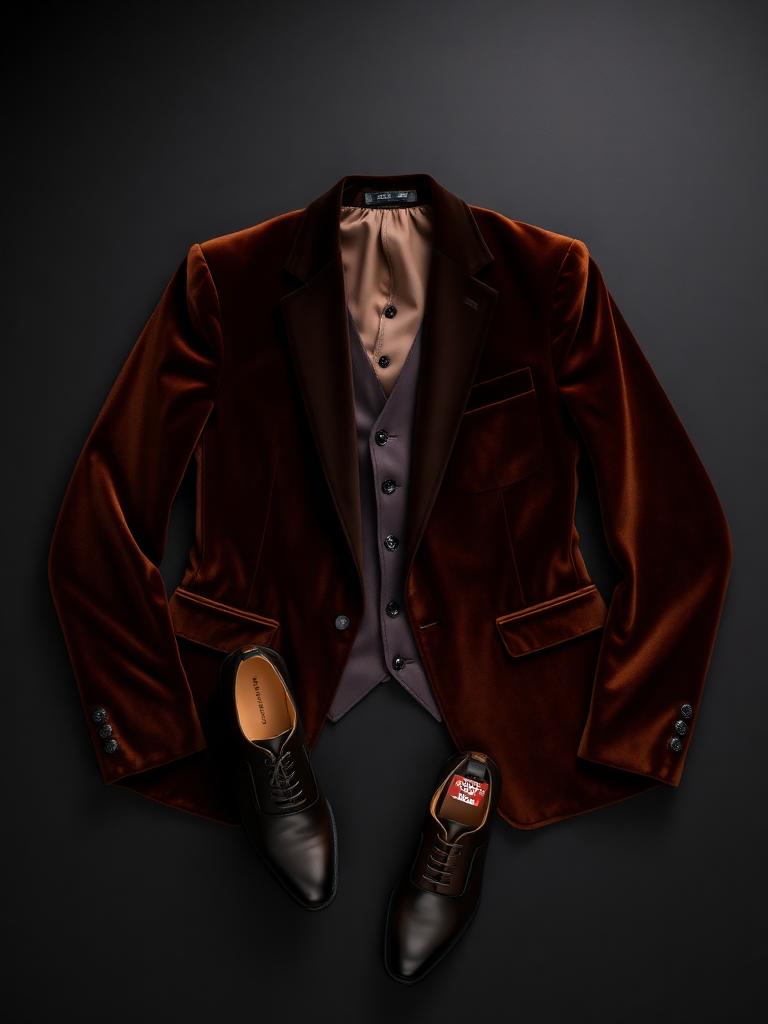 Brown velvet blazer and dress shoes