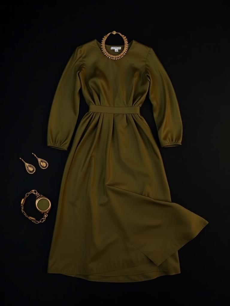 Olive green silk evening dress with jewelry